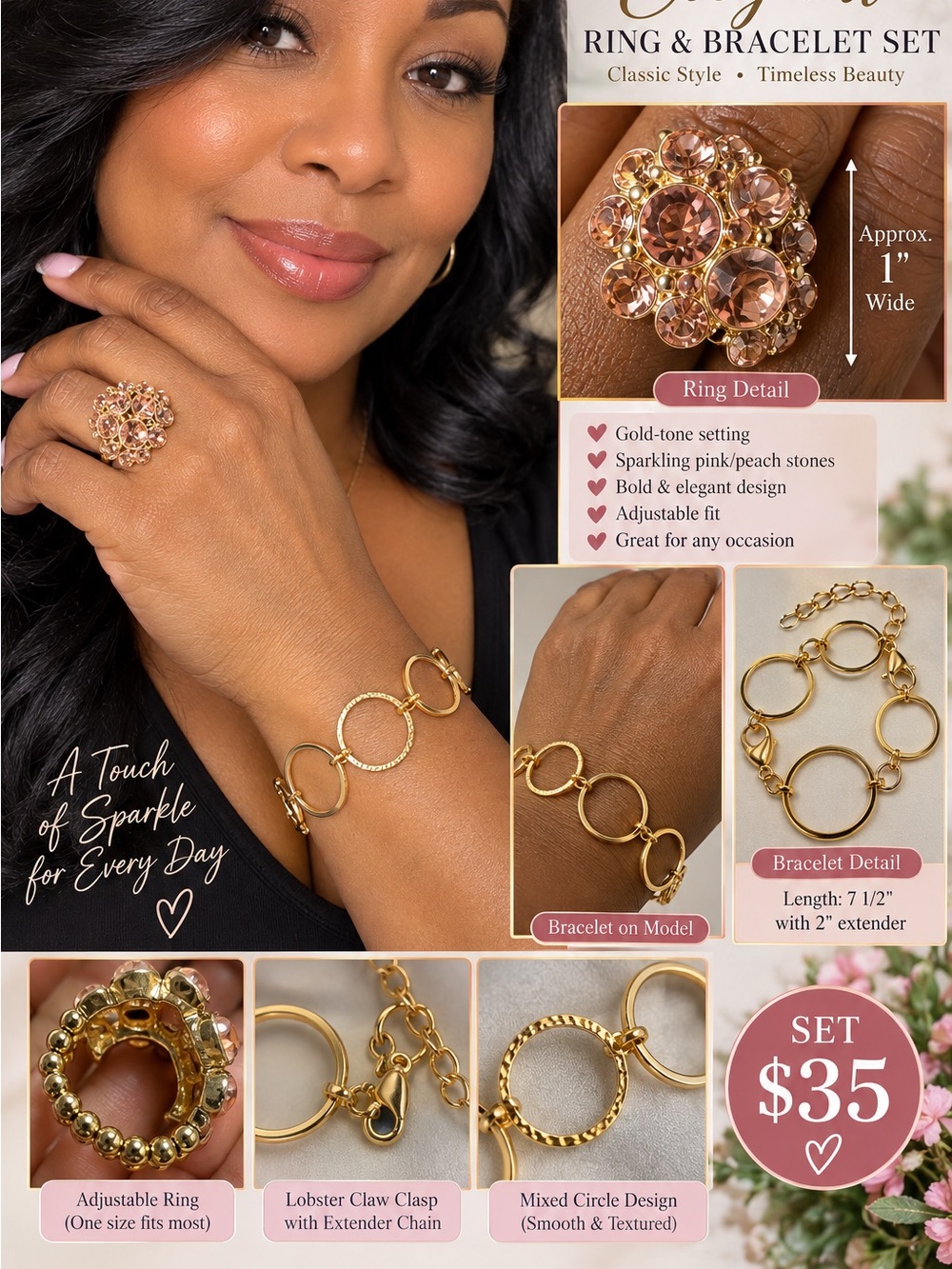 2pcs Gold-Tone Pink/Peach Stone Ring & Bracelet Set